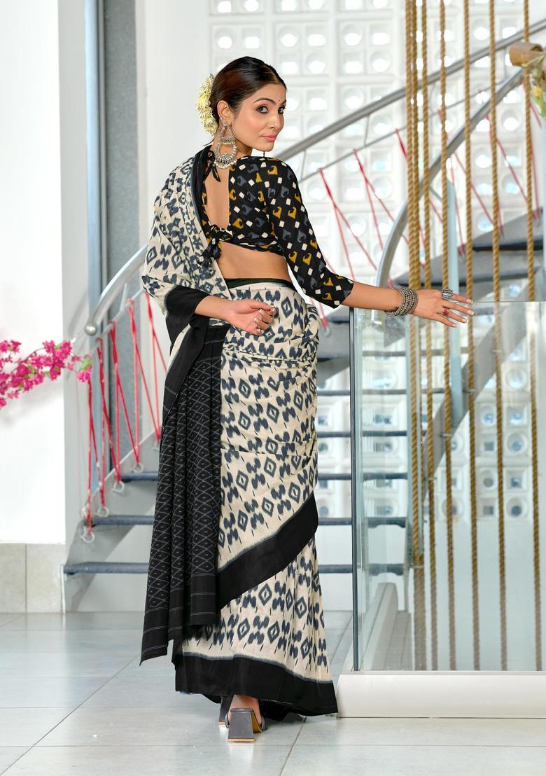 Off White Printed Cotton Saree Set - Indya