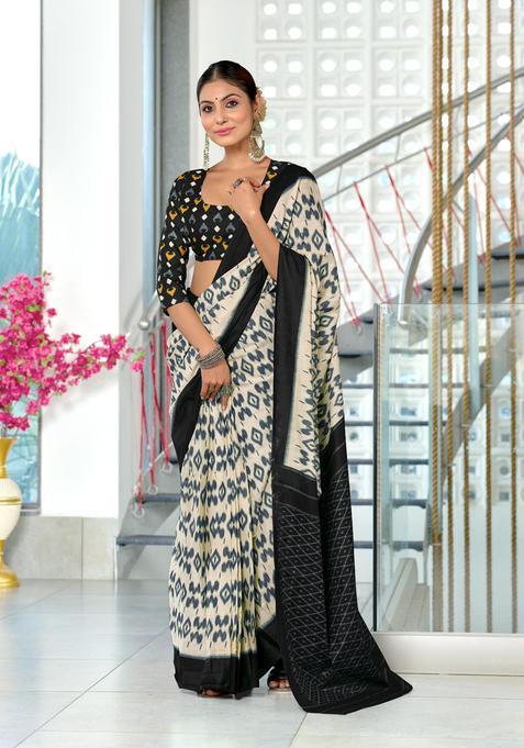 Off White Printed Cotton Saree Set