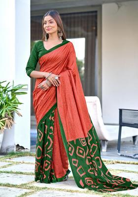 Red Printed Cotton Saree Set