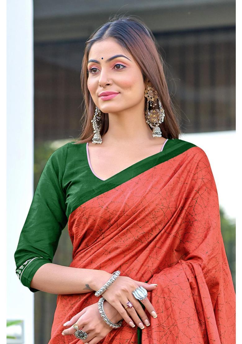 Red Printed Cotton Saree Set - Indya