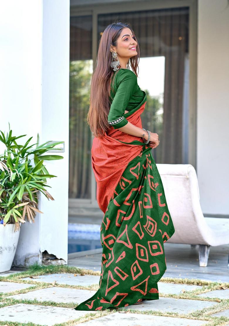 Red Printed Cotton Saree Set - Indya