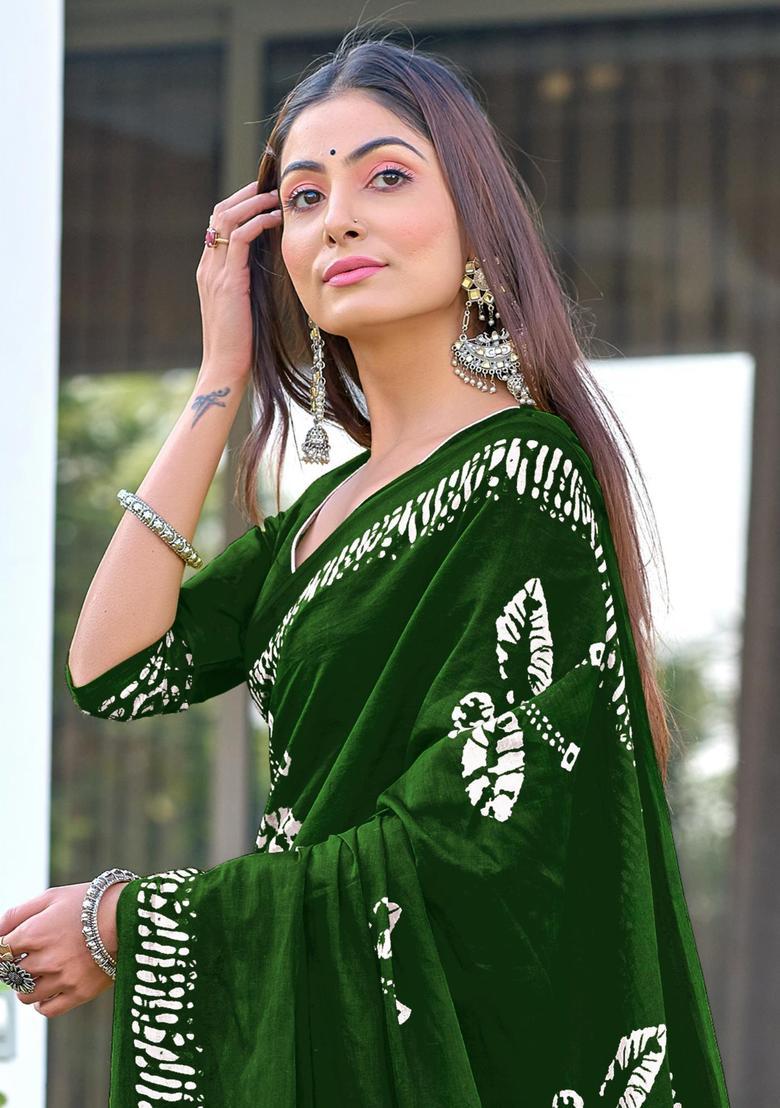 Green Printed Cotton Saree Set - Indya