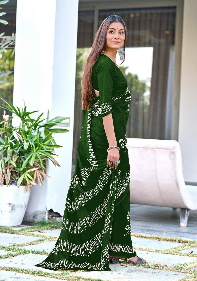 Green Printed Cotton Saree Set - Indya