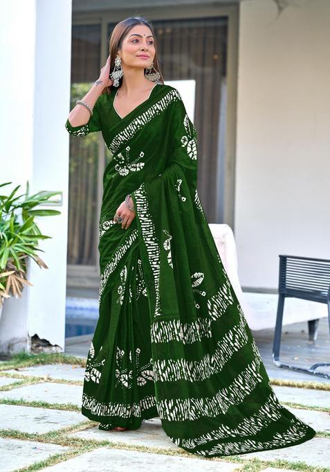 Green Printed Cotton Saree Set