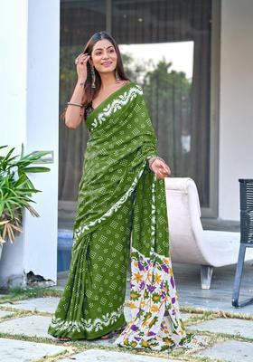 Green Printed Cotton Saree Set