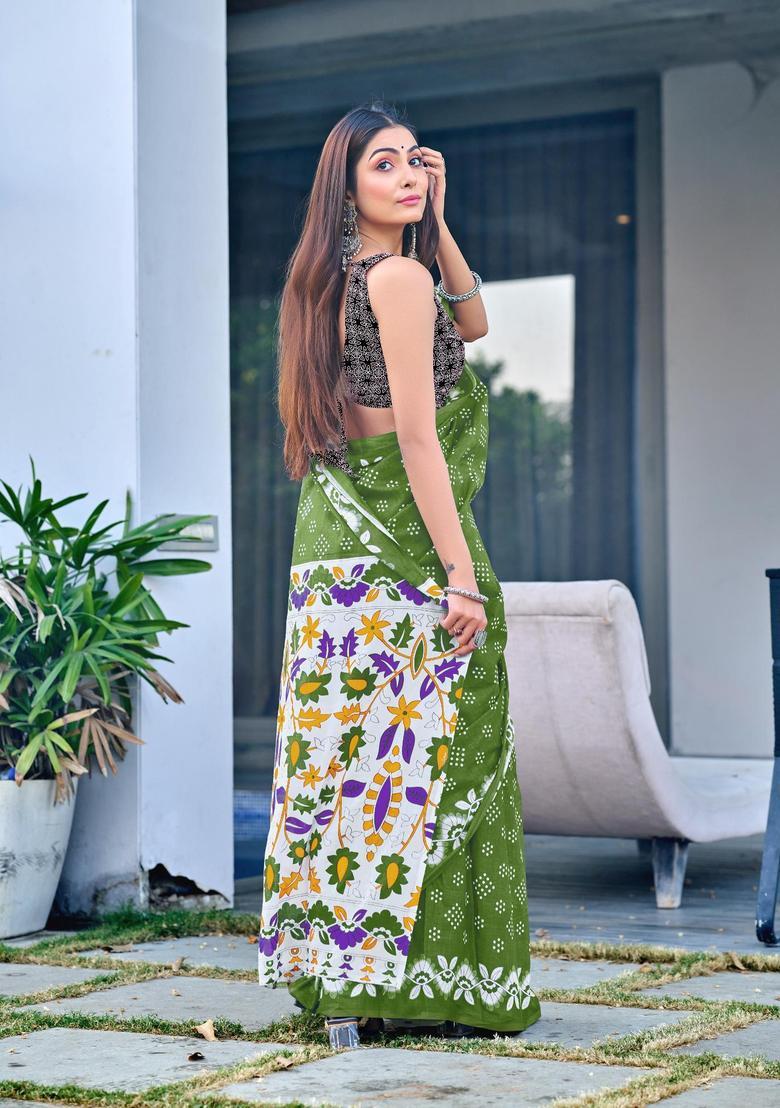 Green Printed Cotton Saree Set - Indya