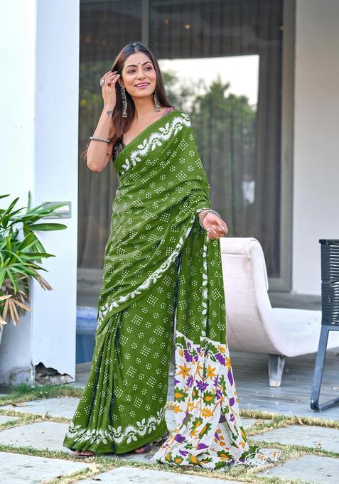 Green Printed Cotton Saree Set