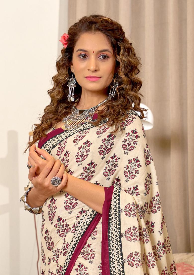 Cream Floral Print Cotton Saree Set - Indya