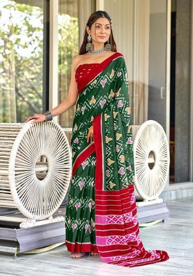 Green Printed Cotton Saree Set