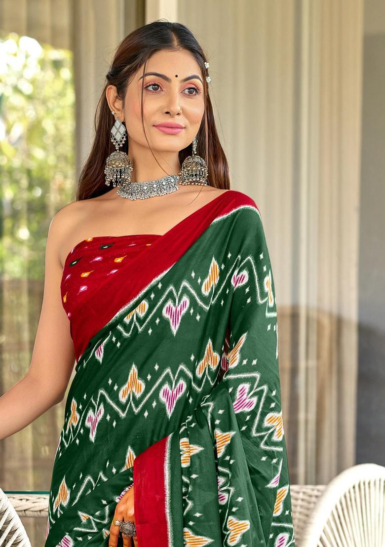 Green Printed Cotton Saree Set - Indya