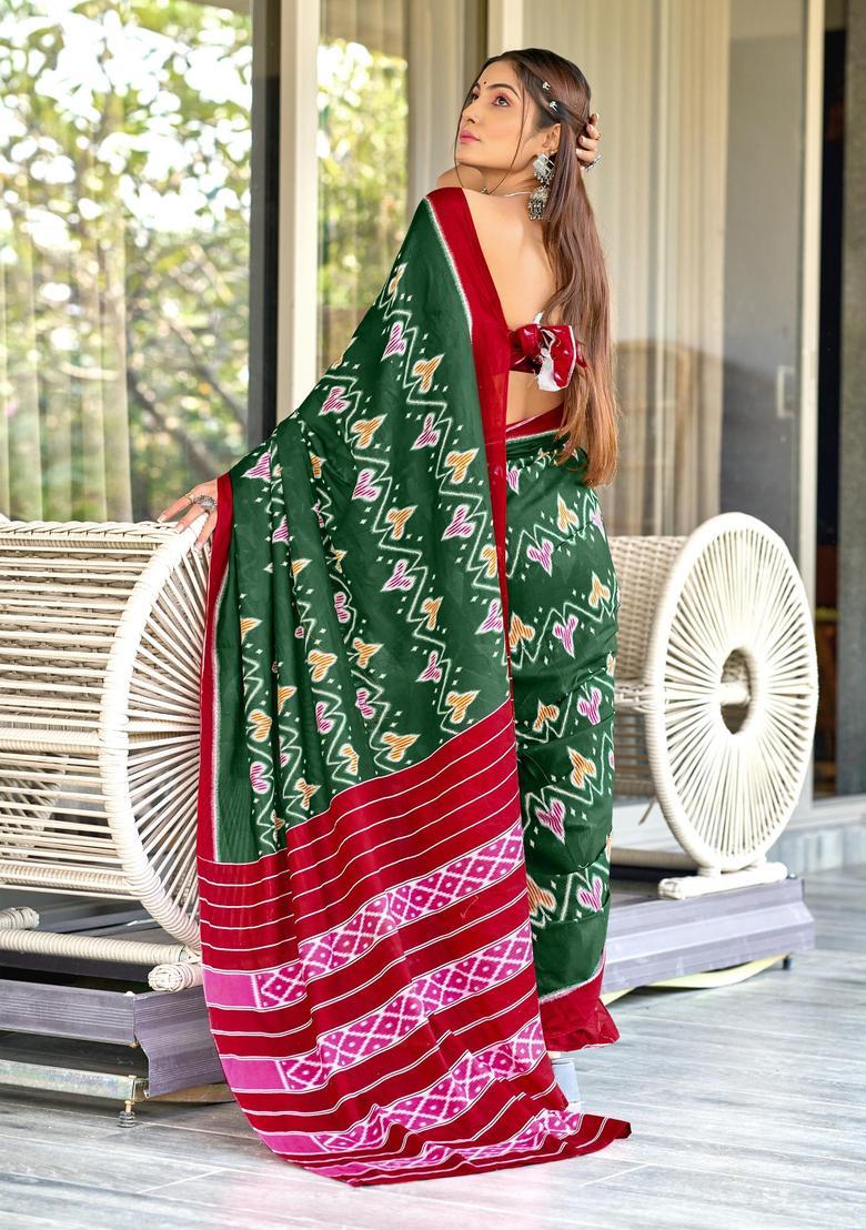 Green Printed Cotton Saree Set - Indya