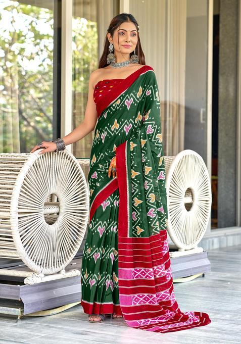 Green Printed Cotton Saree Set