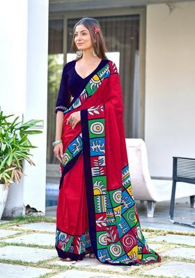 Pink Geometric Print Cotton Saree Set