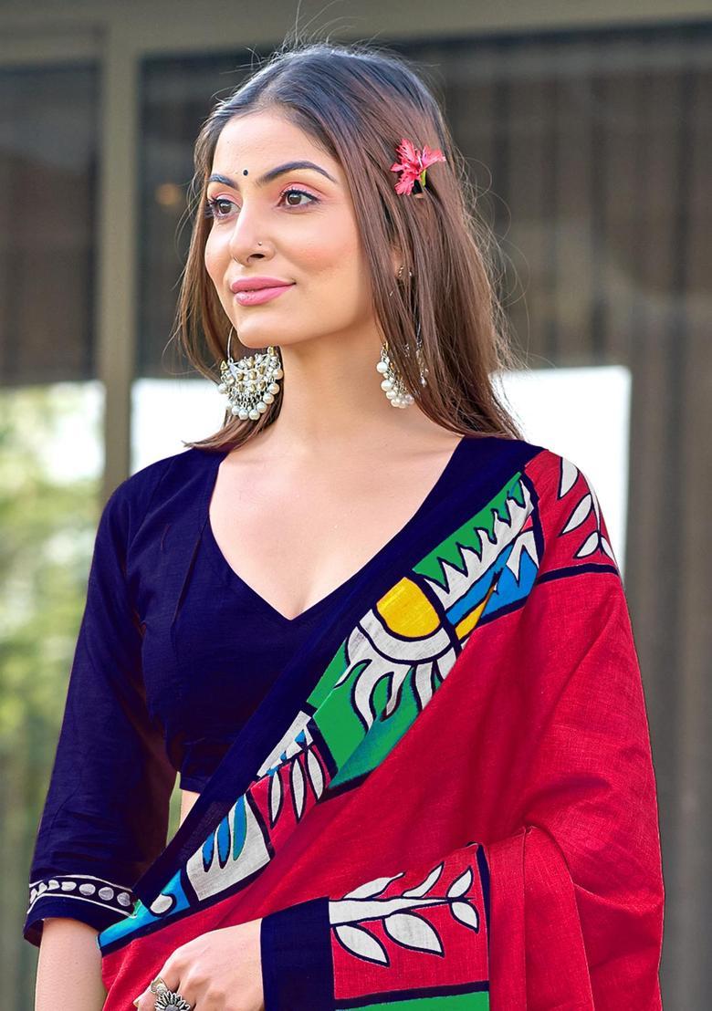 Pink Geometric Print Cotton Saree Set - Indya
