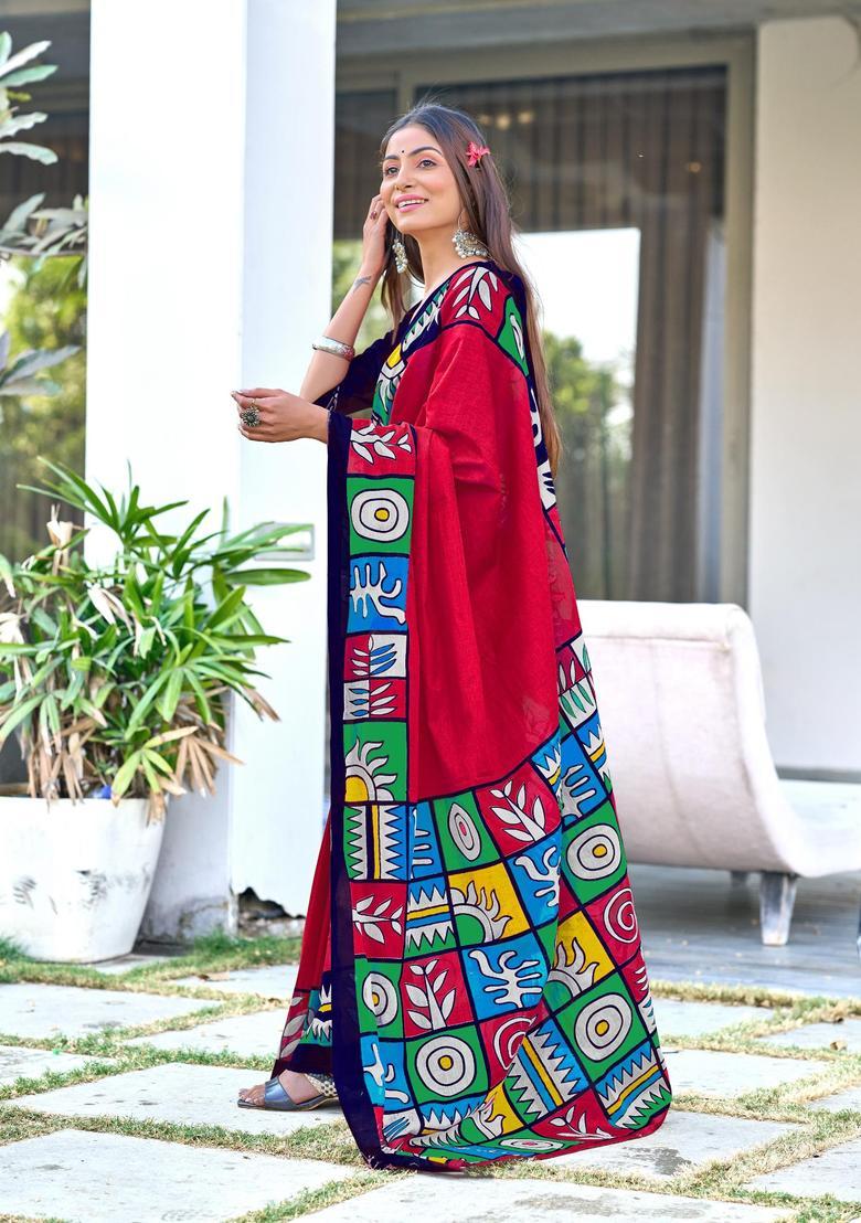 Pink Geometric Print Cotton Saree Set - Indya