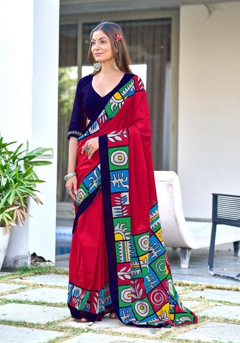 Pink Geometric Print Cotton Saree Set