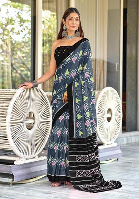 Grey Printed Cotton Saree Set