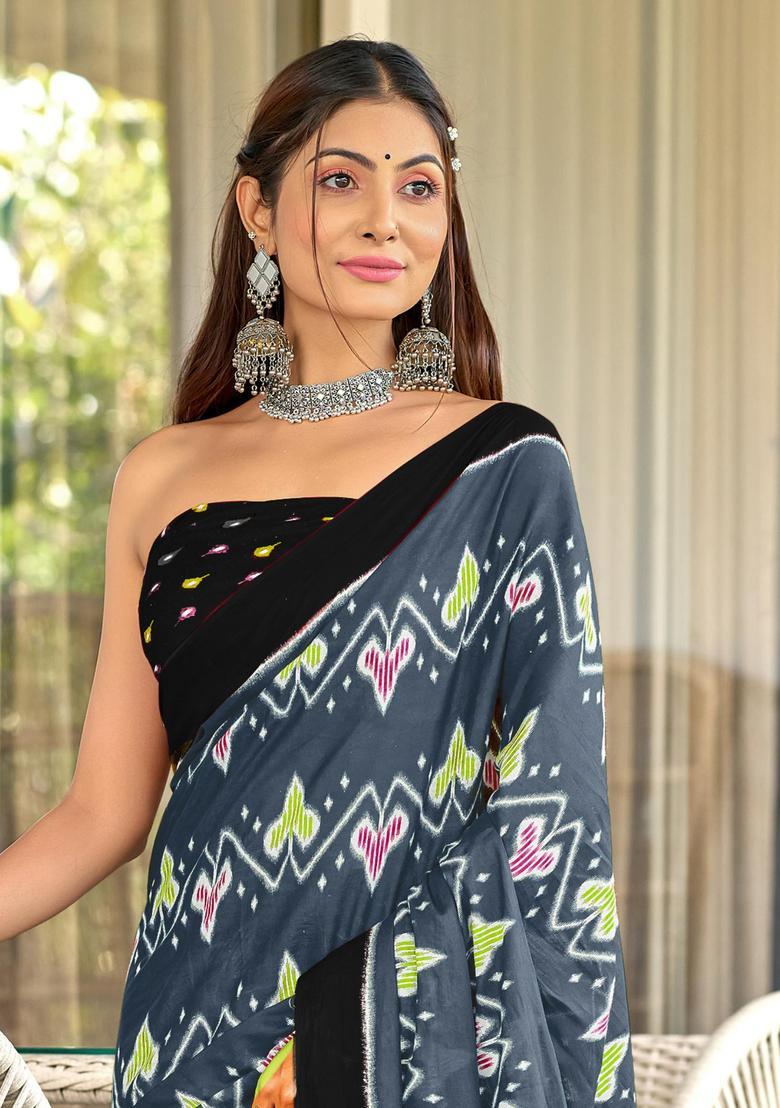 Grey Printed Cotton Saree Set - Indya