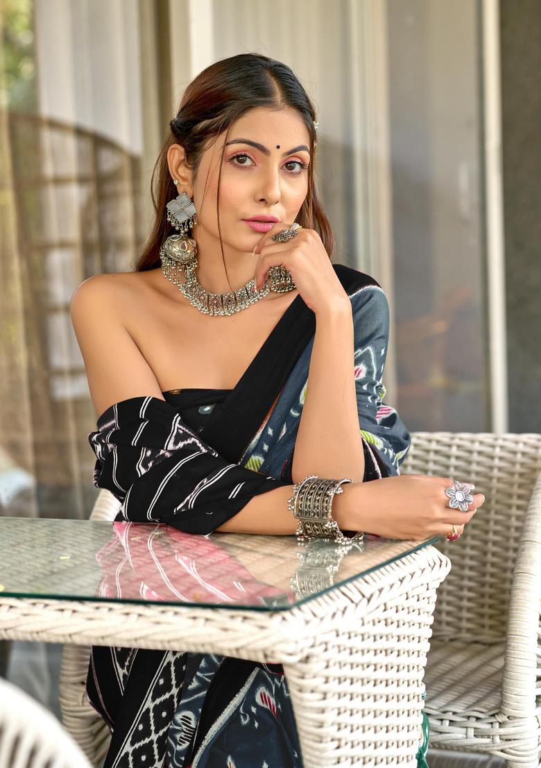 Grey Printed Cotton Saree Set - Indya