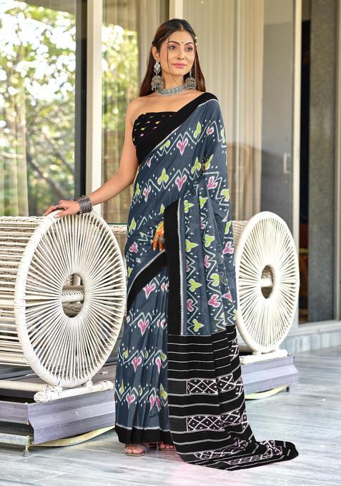 Grey Printed Cotton Saree Set