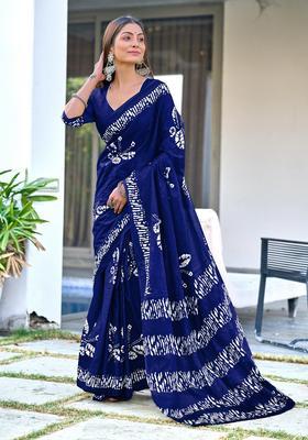 Blue Printed Cotton Saree Set