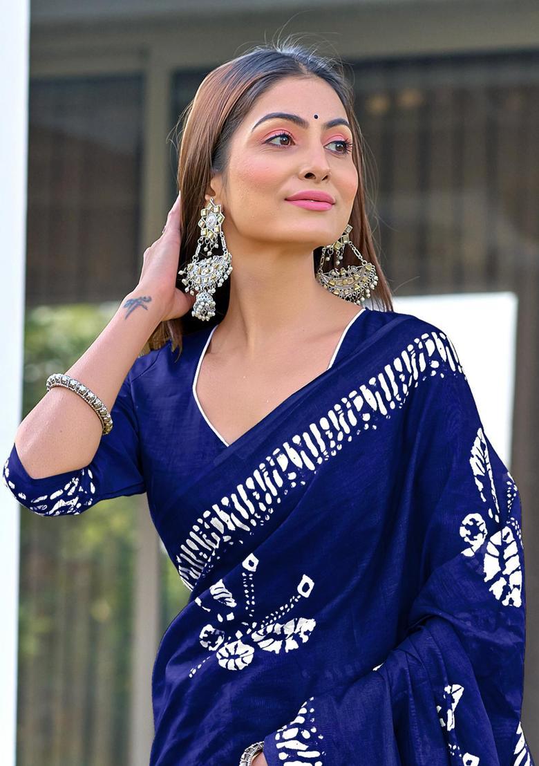 Blue Printed Cotton Saree Set - Indya
