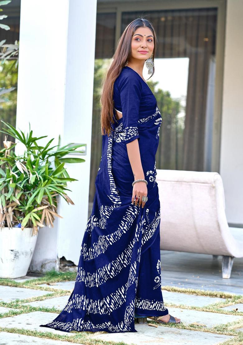 Blue Printed Cotton Saree Set - Indya