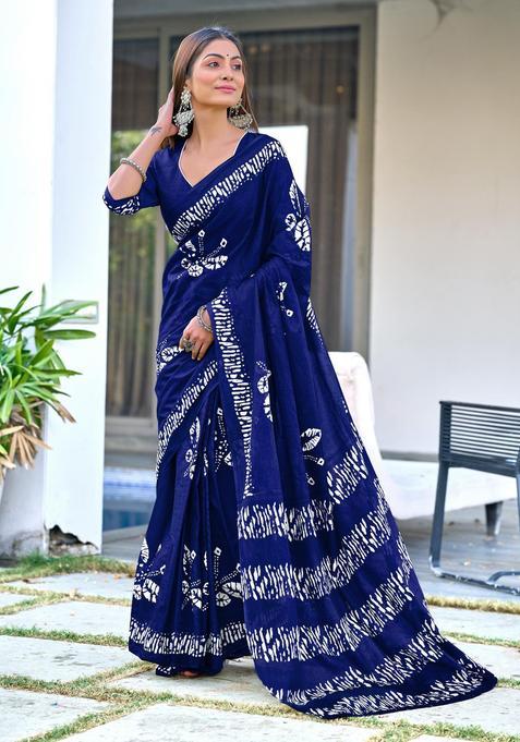 Blue Printed Cotton Saree Set