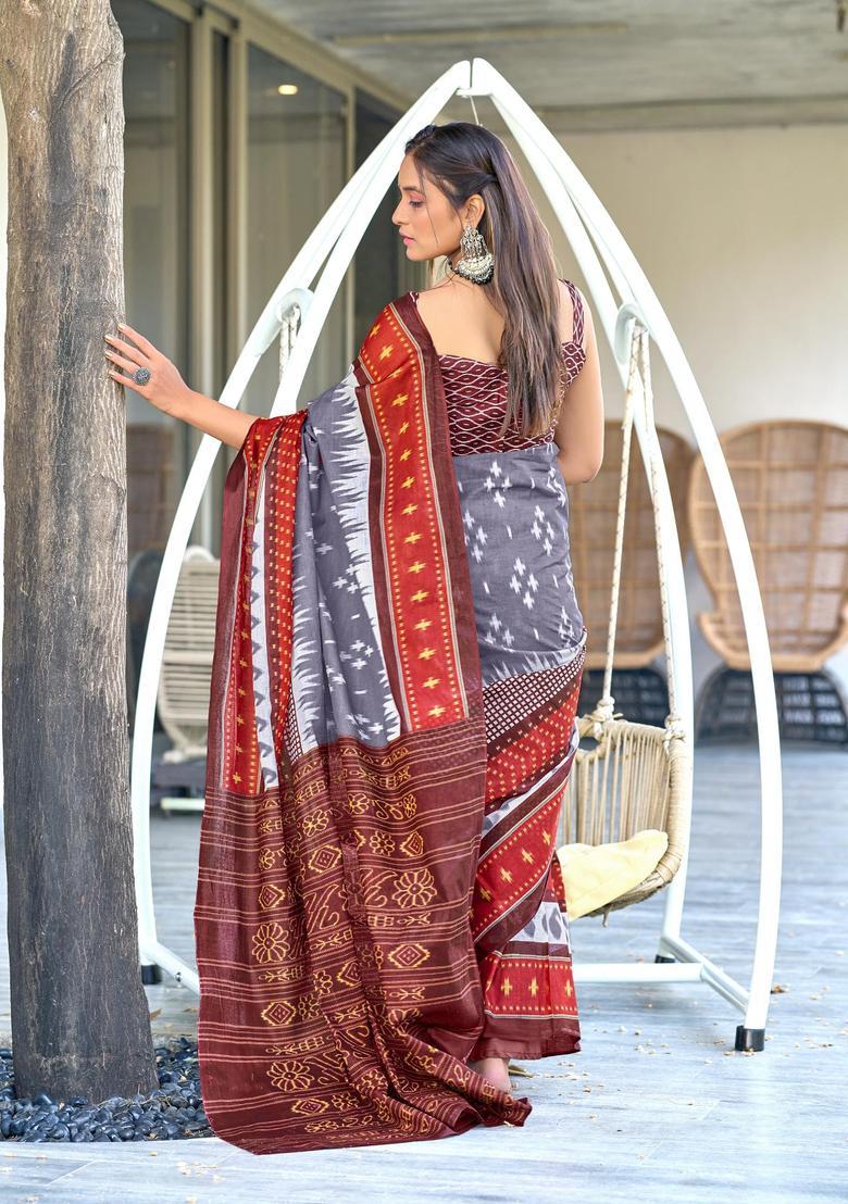 Grey Printed Cotton Saree Set - Indya
