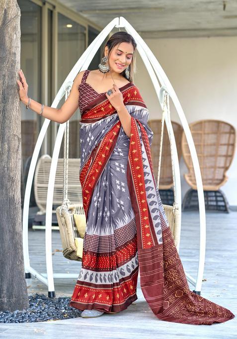Grey Printed Cotton Saree Set