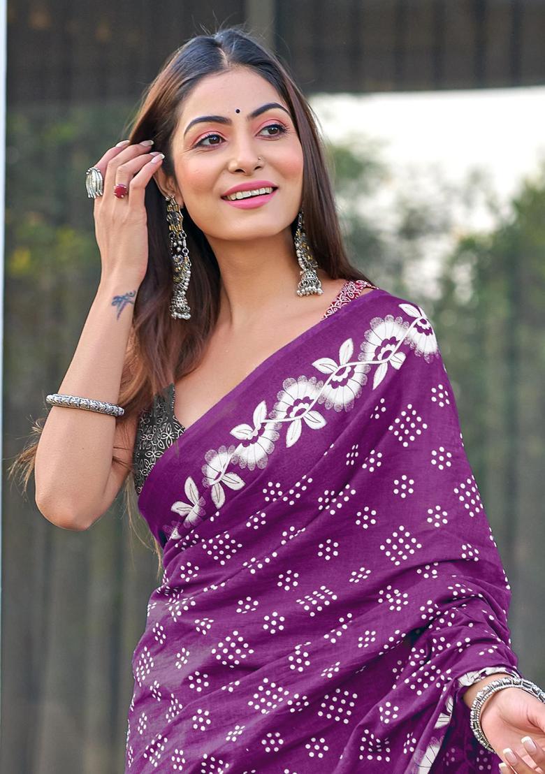 Purple Printed Cotton Saree Set - Indya