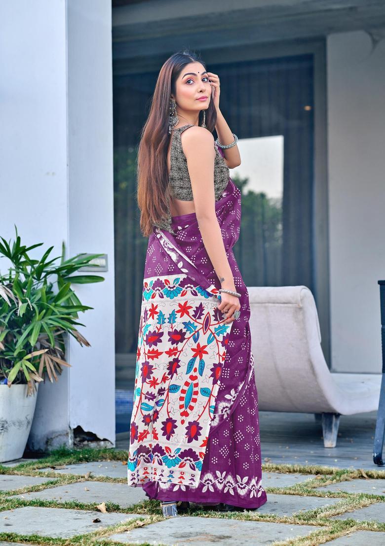 Purple Printed Cotton Saree Set - Indya