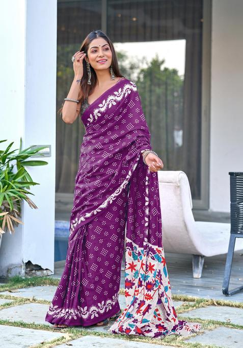 Purple Printed Cotton Saree Set