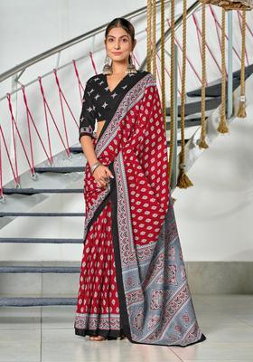 Red Floral Print Cotton Saree Set