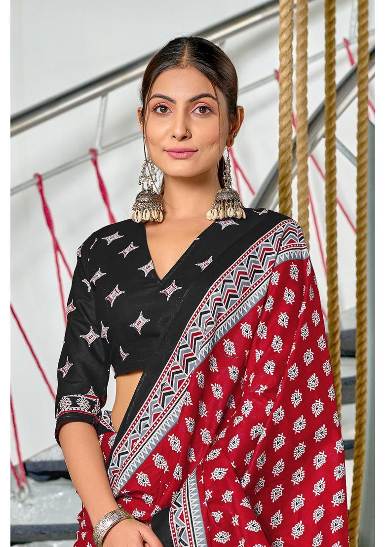 Red Floral Print Cotton Saree Set - Indya
