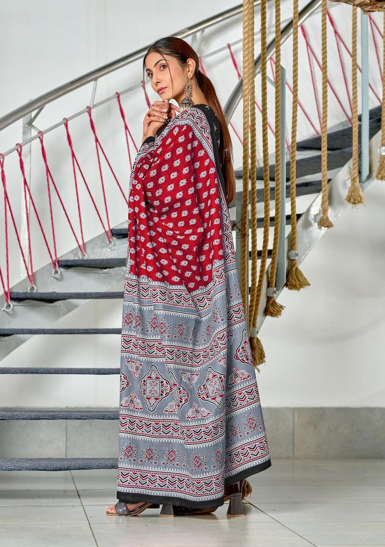 Red Floral Print Cotton Saree Set - Indya