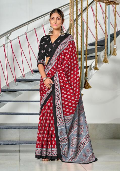 Red Floral Print Cotton Saree Set