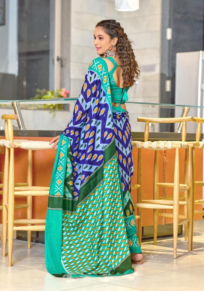 Purple Printed Cotton Saree Set - Indya