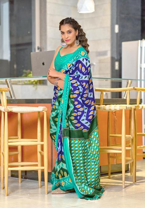 Purple Printed Cotton Saree Set