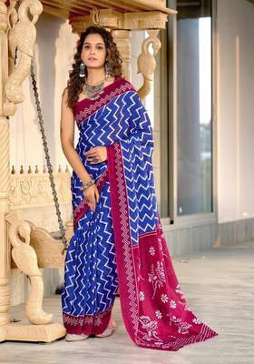 Blue Printed Cotton Saree Set