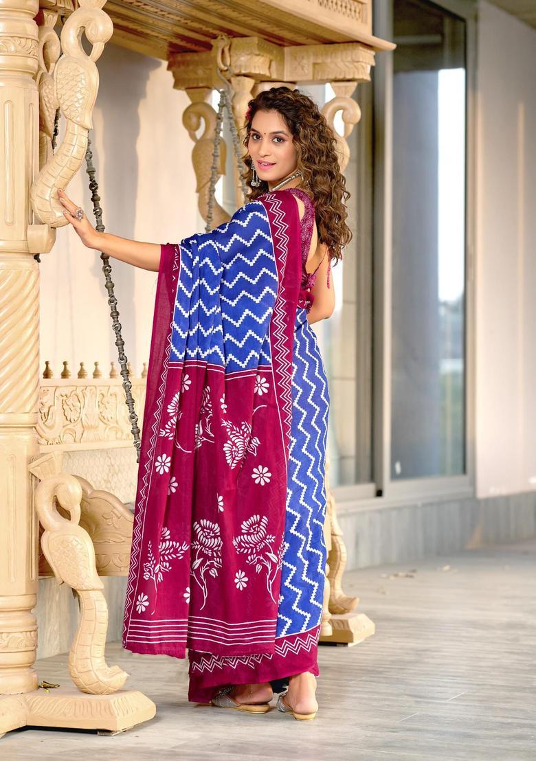 Blue Printed Cotton Saree Set - Indya