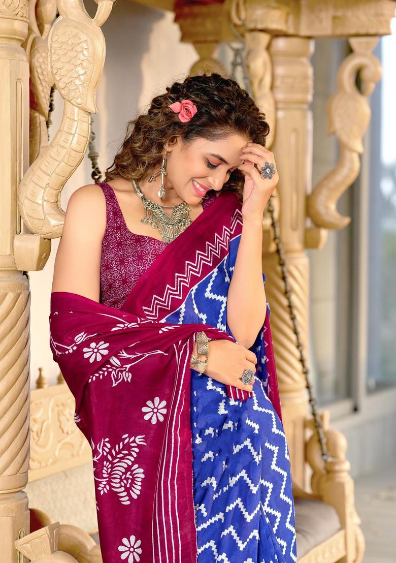 Blue Printed Cotton Saree Set - Indya