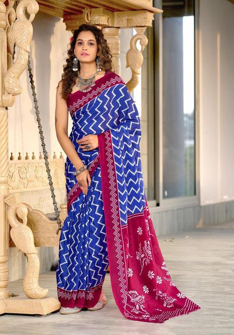 Blue Printed Cotton Saree Set