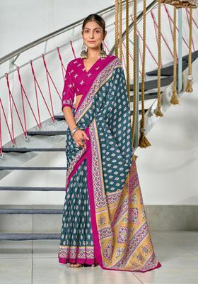 Grey Floral Print Cotton Saree Set