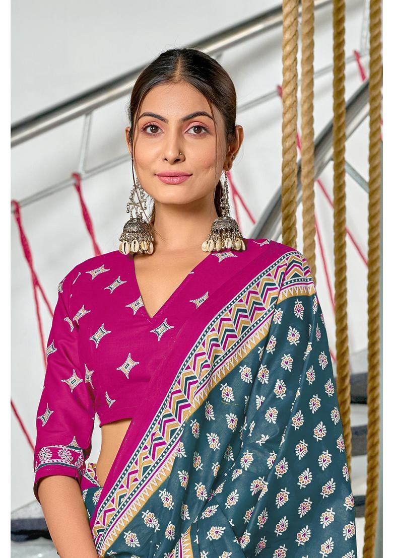 Grey Floral Print Cotton Saree Set - Indya