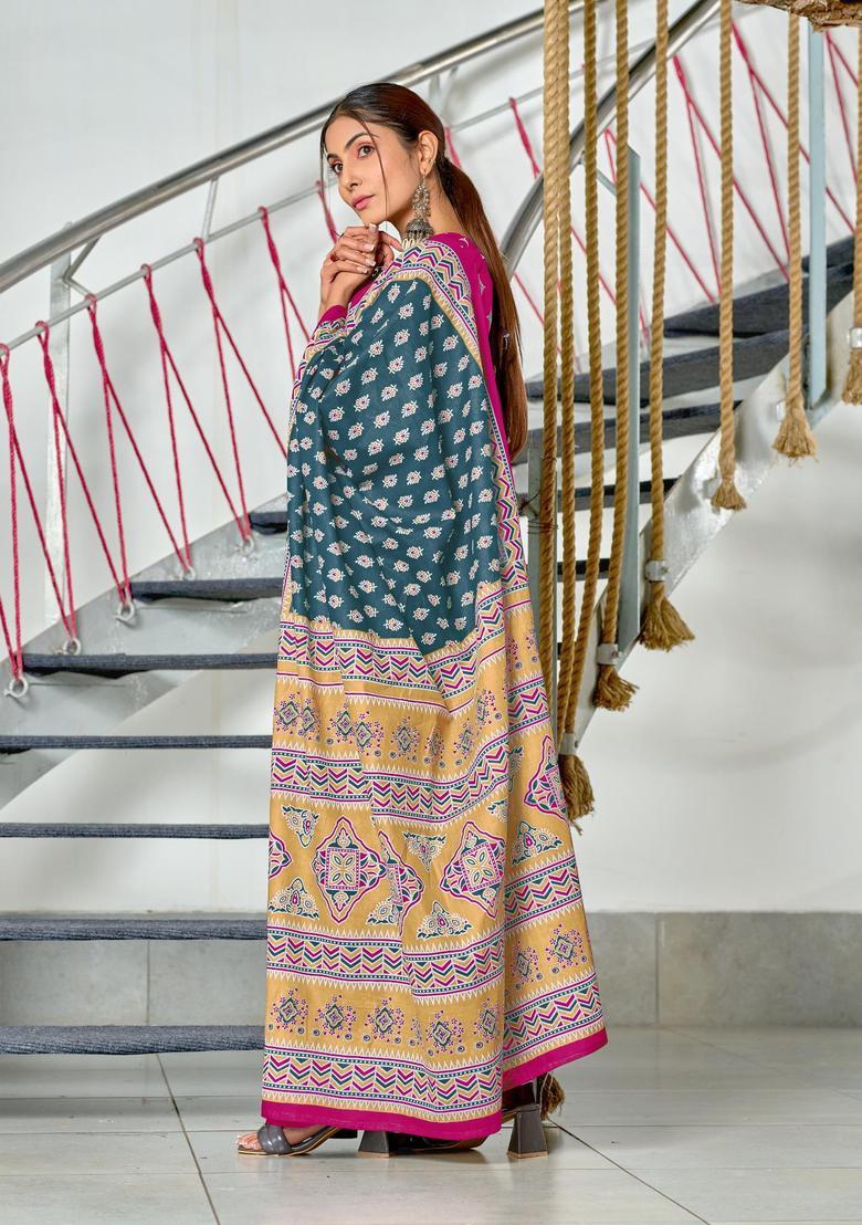 Grey Floral Print Cotton Saree Set - Indya