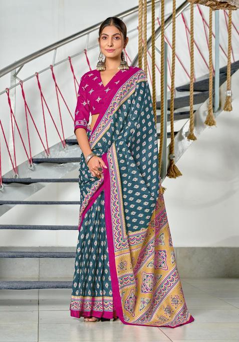 Grey Floral Print Cotton Saree Set