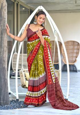 Green Printed Cotton Saree Set