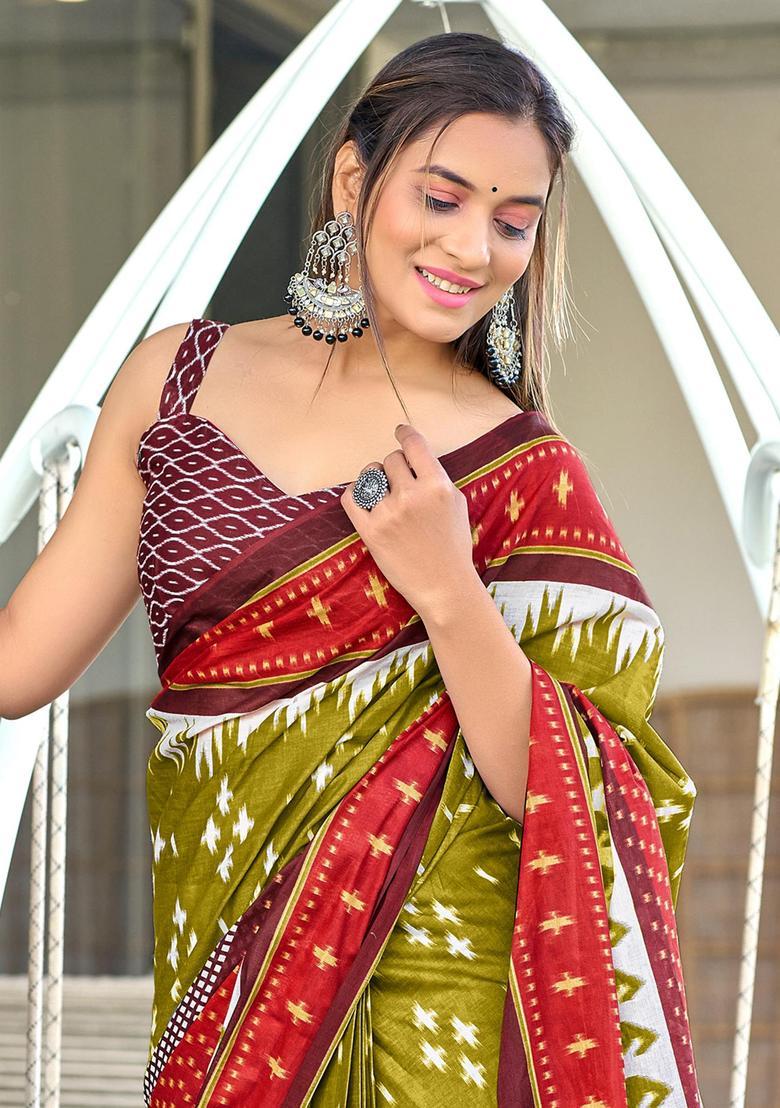 Green Printed Cotton Saree Set - Indya