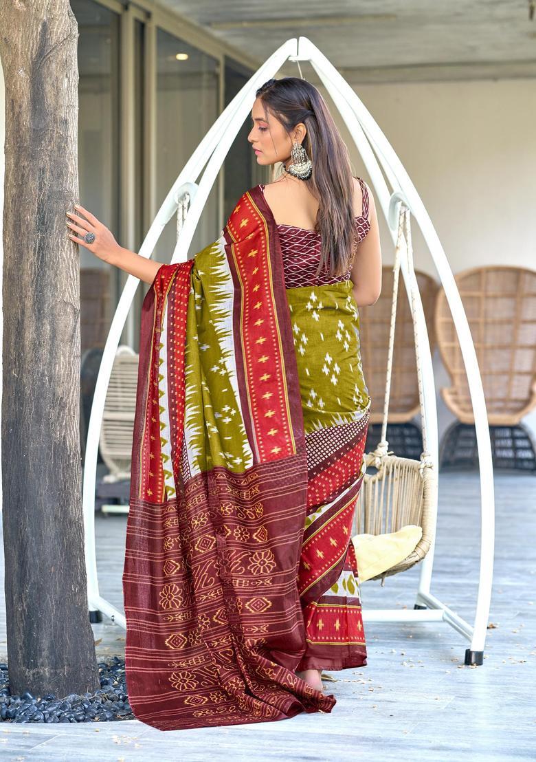 Green Printed Cotton Saree Set - Indya